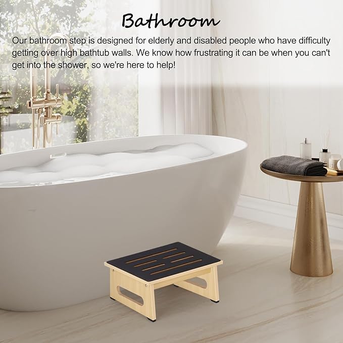 One Step Stool with Non-Slip Rubber Stepping Feet, Heavy Duty Wooden Step Stools, 450 LB Portable Bed Steps for High Beds for Bathroom, Bedroom, Kitchen & Bedside Support