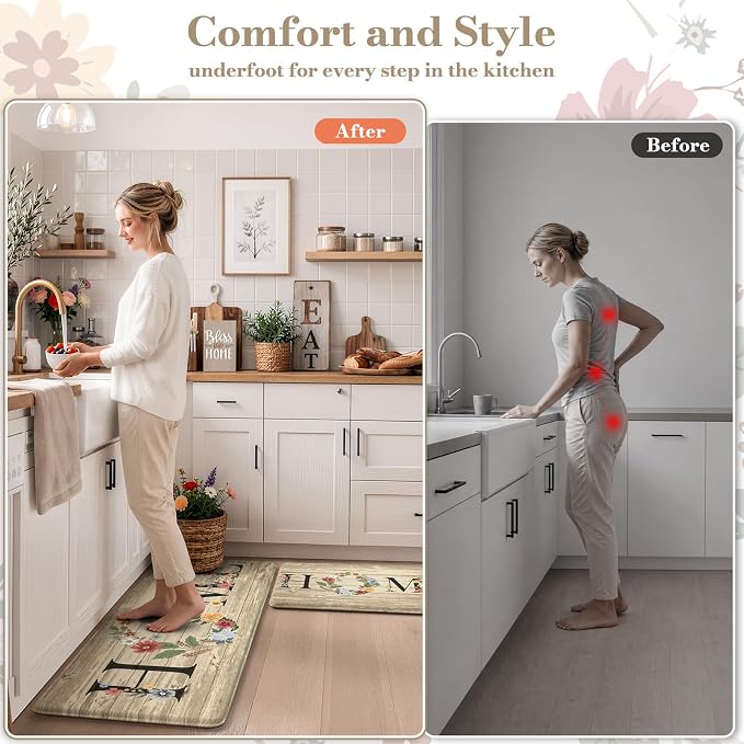 KIMODE Anti Fatigue Kitchen Mats for Floor 2 Piece,Farmhouse Floral Rugs Cushioned,Comfort Memory Foam Carpet Non Slip for Sink Laundry Office Bathroom,Beige 17"x47"+17"x29"