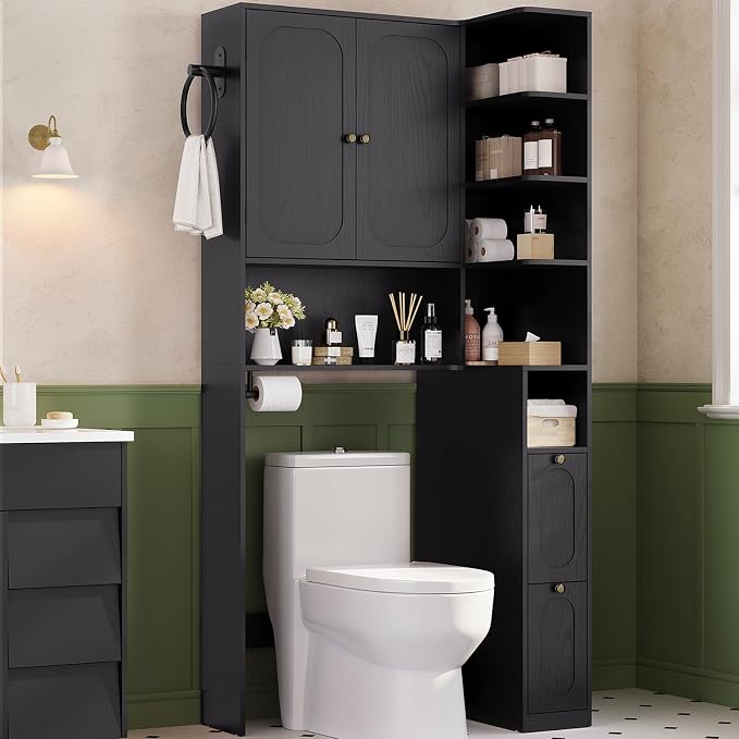7-Tier L-Shaped Over the Toilet Storage Cabinet with Doors, 2 Large Drawers, Tissue Holder & Towel Holder, Bathroom Over Toilet Storage Cabinet with Adjustable Shelf for Bathroom, Black