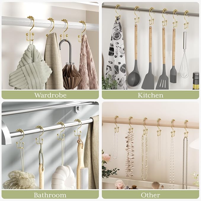 Amazer Gold Shower Curtain Hooks Rings, Stainless Steel Shower Curtain Rings, 12Pcs Double Glide Shower Hooks for Bathroom Shower Curtain Rods Dual Rust-Resistant Shower Rings