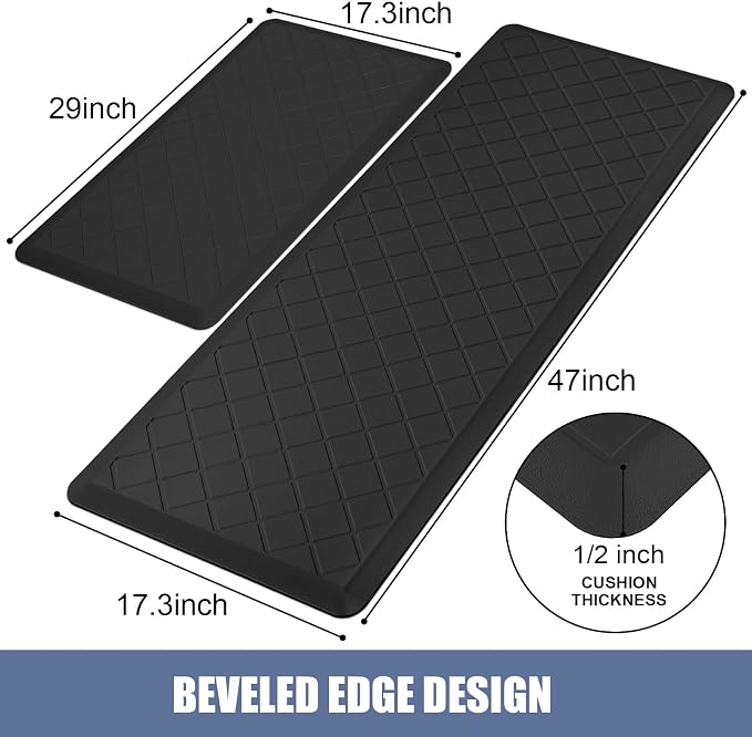 Cushioned Kitchen Mat 2 PCS, Anti Fatigue Kitchen Rugs, Heavy Duty Kitchen Rugs and Mats Non-Skid, Ergonomic Comfort Foam Kitchen Floor Mat for Home, Office, Sink, Laundry - Black