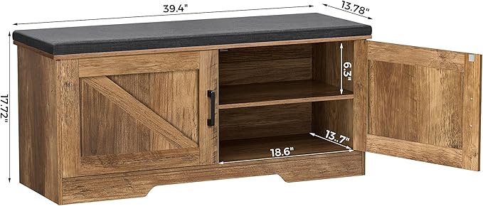 HOMSHO 2-Tier Storage Bench, 39.4" Wide Shoe Bench with Padded Seat Cushion, Entryway Bench with 2 Barn Doors and Adjustable Shelf, Rustic Walnut