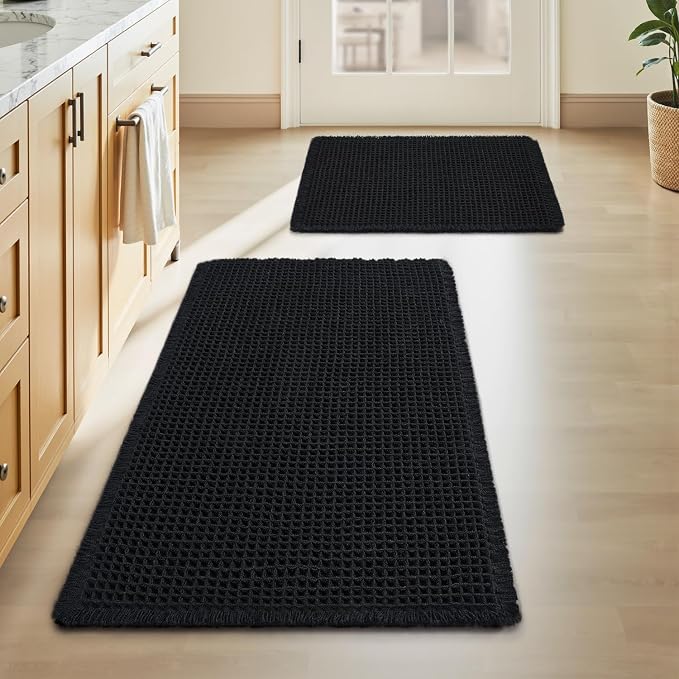 Upgraded Waffle Bath Mat Set of 2 Super Absorbent Non Slip Bath Mats for Bathroom Floor, Washable Boho Bathroom Rugs Set 2 Pieces with Tassels, Soft Bathroom Mat Set, Black, 17" x 24" Plus 20" x 32"