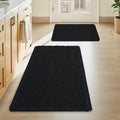Upgraded Waffle Bath Mat Set of 2 Super Absorbent Non Slip Bath Mats for Bathroom Floor, Washable Boho Bathroom Rugs Set 2 Pieces with Tassels, Soft Bathroom Mat Set, Black, 17" x 24" Plus 20" x 32"