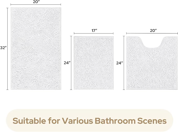 HOMEIDEAS 3 Pieces Bathroom Rugs, Ultra Soft Non Slip Absorbent Chenille Toilet Bath Mat Set (White)