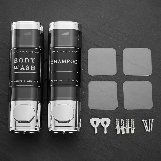 Shower Soap Dispenser 2 Chamber No Drill Wall-Mounted Shampoo Dispenser for Shower Wall Mounted Shower Dispenser for Bathroom Hotel Large Capacity,Chrome1