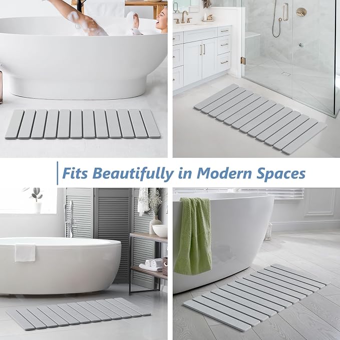 AWW Foldable Stone Bath Mat, Quick Dry Diatomaceous Earth Bath Mat with Non-Slip Mat, Super Absorbent, Easy to Clean, Compact for Small Bathrooms, 31.5 x 15.7, Light Grey