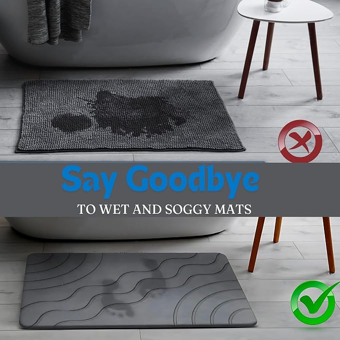 Stone Bath Mat Quick Drying Diatomaceous Earth Bath Mat Non Slip Shower Mat Super Absorbent Stone Bath Mats for Bathroom, Floor, Kitchen Counter, Easy to Clean (23.6” X 15.3”, Dark Gray)