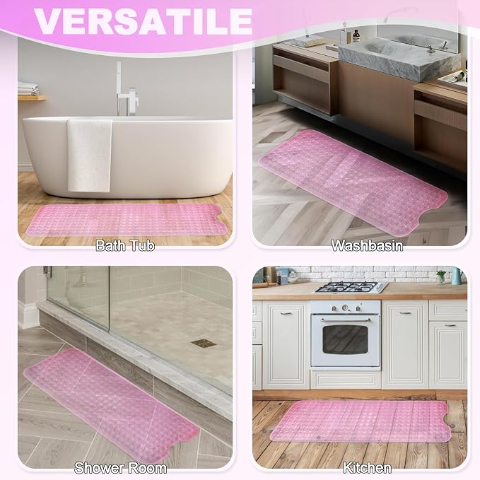 Bathtub and Shower Mats, 40x16 Inch Extra Large Non Slip Soft Bath Tub Mat with Suction Cups and Drain Holes for Bathroom Floor and Keep Tubs Clean, Machine Washable, Clear Pink