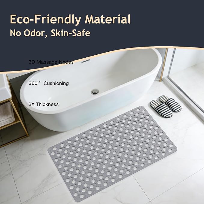Non Slip Bath Mat for Shower & Bathtub - 30x17 Inch with Strong Suction Cups and Drain Holes, Quick-Dry, Machine Washable Floor Mat for Elderly, Kids & Pets