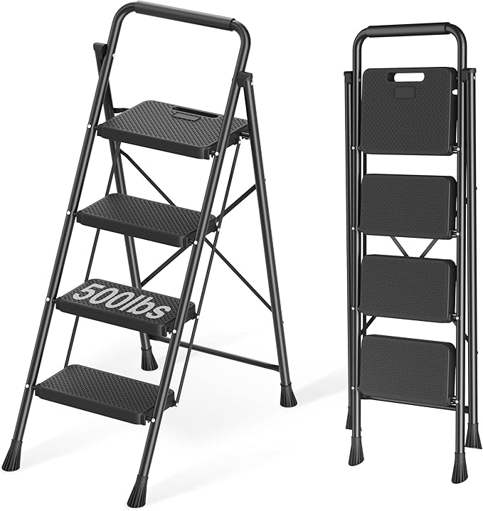 Step Ladder, Portable Steel Folding Step Stool with Wide Anti-Slip Pedal & Convenient Handgrip, Sturdy Steel Ladder, 4-Step, Black