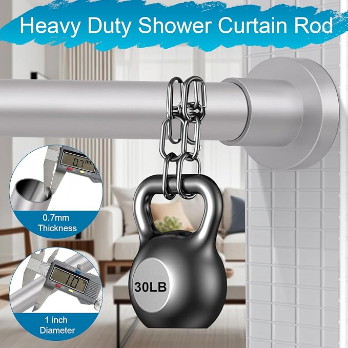 YNL Silver Shower Curtain Rod 32-64 Inch(2.7-5.33ft), Non-Slip, Never Rust, Stainless Steel No Drill Spring Tension Shower Rod, Adjustable Long Curtain Rod for Bathroom Window