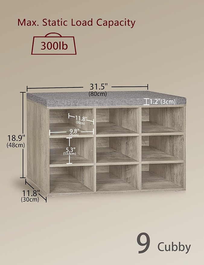 DINZI LVJ Shoe Bench, 9 Cubbies Shoe Organizer for Entryway, Storage Bench with Cushion, Cubby Shoe Rack with Adjustable Shelves for Living Room, Bedroom, Mudroom, Hallway, Gray Wash
