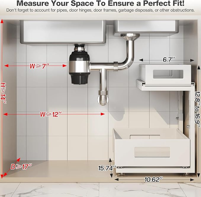 1 Pack 15.74IN-Depth Under Sink Organizer with Next-Gen Ball-Bearing Slides,2-Tier Pull Out Cabinet Storage,Height Adjustable Drawer Shelf for Bathroom,Kitchen,Laundry,Cabinet,Pantry-White