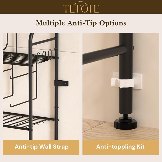 TETOTE Over The Toilet Storage Rack, 3-Tier Bathroom Organizer Shelf Over Toilet with Toilet Paper Roll Holder, Freestanding Metal Rack, Black