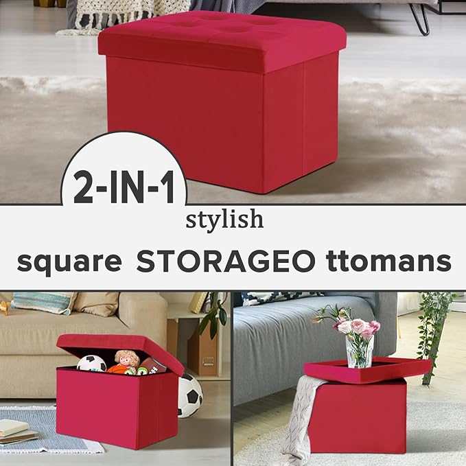 LINMAGCO Storage Ottoman Folding Foot Stool Velvet Foot Rest with Padded Modern Ottoman with Storage for Living Room Puppy Step Stool 17x13x13in(Neon Red)