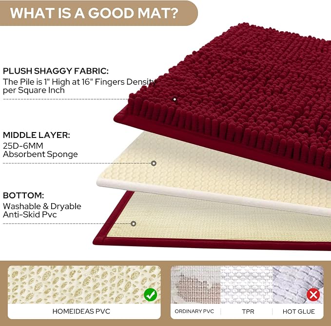HOMEIDEAS 3 Pieces Bathroom Rugs, Ultra Soft Non Slip Absorbent Chenille Toilet Bath Mat Set (Burgundy)