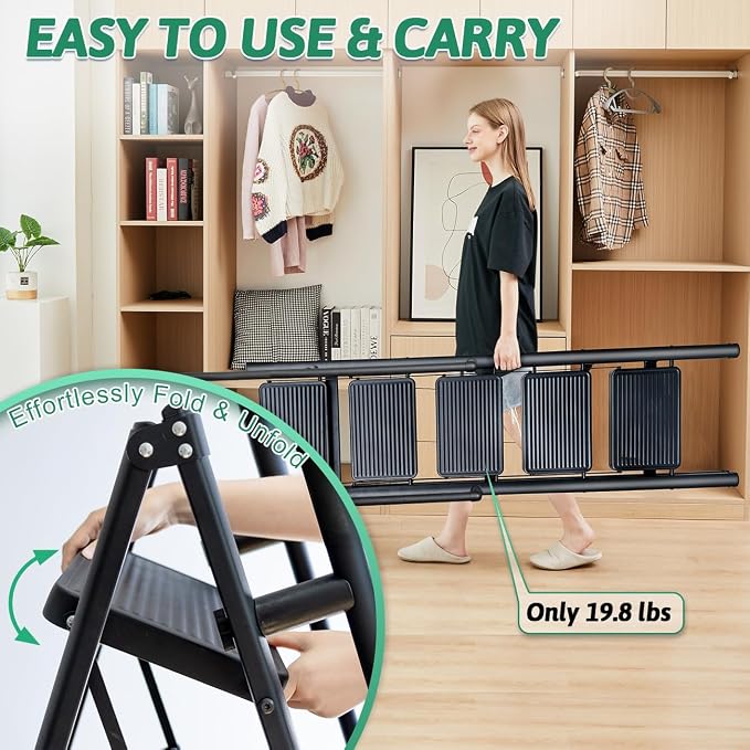 5-Step Folding Ladder with Handrails, Heavy Duty Ladders for Home & Kitchen, Folding Ladder Easy to Store, Tall Ladder for Adults, Anti-Slip & Space-Saving Step Ladder, 330 Lbs Capacity