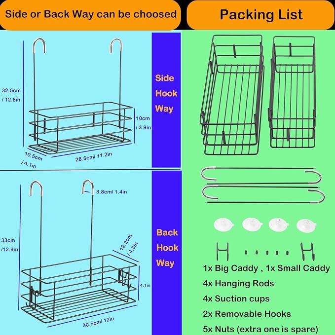 2pcs Single-Layer Shower Caddy Hanging Shower Orangizer Stainless Steel Shower Rack with Hooks Over The Door, Shampoo Basket Storage (Black)