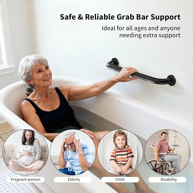 Black Grab Bar 16 Inch, iHansee Anti-Slip Bathroom Grab Bar w/Knurled Grip, Stainless Steel Safety Handrail for Toilet, Bathtub, Shower for Senior Elderly, Wall Mounted Matte Black Handicap Bars