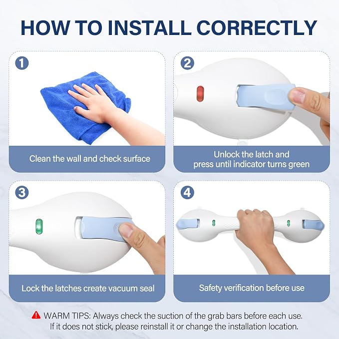17.5″ Grab Bars for Bathtubs and Showers with Indicator Suction Grab Bar, Heavy Duty Shower Handle for Seniors and Elderly, No Drilling Removable Safety Shower Handles for Bathroom, New Blue