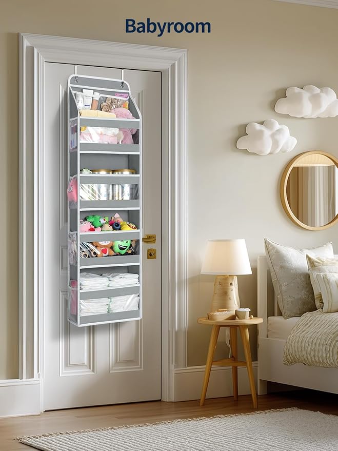 Yecaye 5 Tier 1Pc Over the Door Organizer, Stuffed Animal Storage with Clear PVC Windows, Door Organizer Hanging for Bedroom Nursery Closet Dorm Room Laundry Pantry Bathroom, Grey