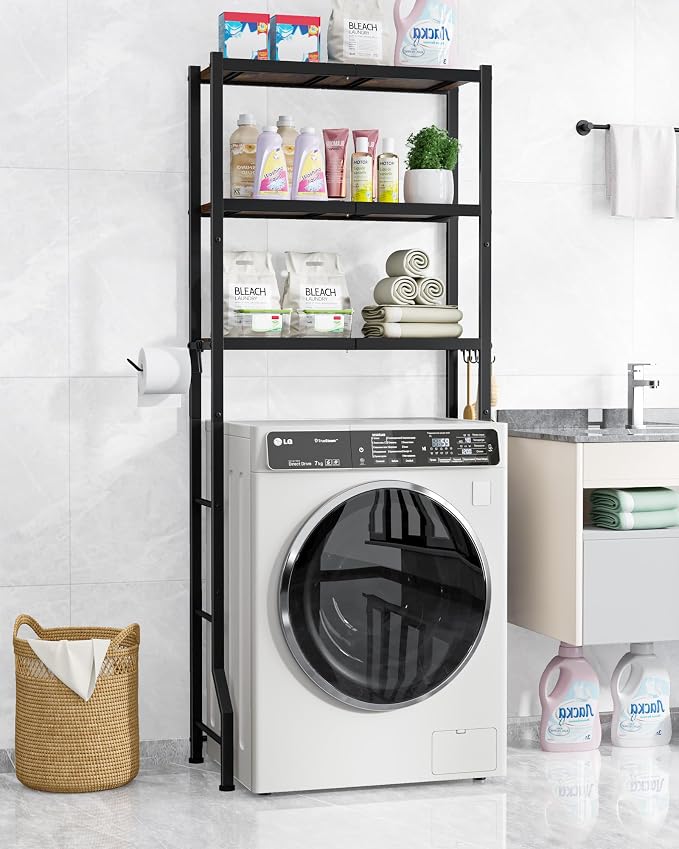 Kitsure Over The Toilet Storage Cabinet, Sturdy Bathroom Organizer, Easy Assembly, 3-Tier Shelf (61" H), Space Saving Storage for Small Bathroom, Heavy Duty Metal Frame, Brown & Black