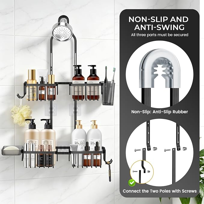 Adjustable Hanging Shower Caddy for Handheld Showerhead, Rustproof Aluminum Over Shower Head Organizer, Renter-Friendly No-Swing Storage for Tall Bottles & Soap, 2-Tier, Black