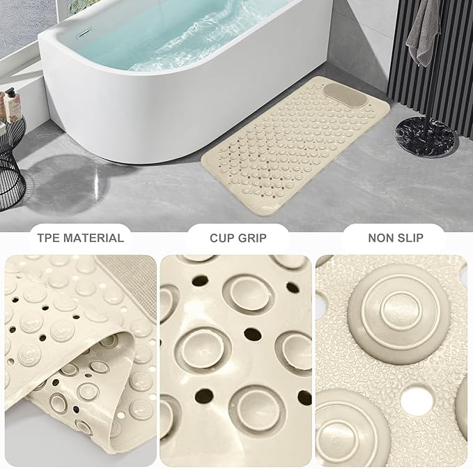 Bathtub Mat 27x14 inch Non Slip Shower Mat with Suction Cups, Anti Slip Shower Mat with Drain Holes Foot Scrubber, Machine Washable Bath Tub Shower StallMat (Khaki)