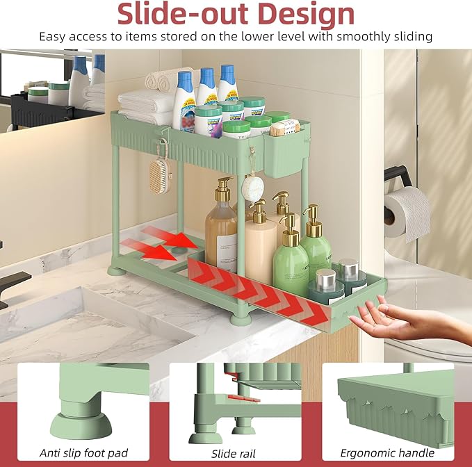 Sevenblue Under Sink Organizer, Bathroom Organizers and Storage, 2 Tier Multi-Use Pull Out Cabinet Organizer with Hang Hooks and Cups (Green, 4 Pack)