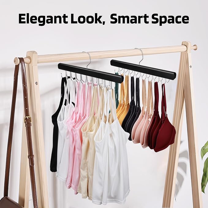 NECAMOCU 2 Pack Bra Hanger for Closet Organizer, Premium Wooden Tank Top Hangers with 36 Foldable Hooks, 360° Rotating Design, Space Saving Storage for Tank Tops, Bras, Scarves and More, Black