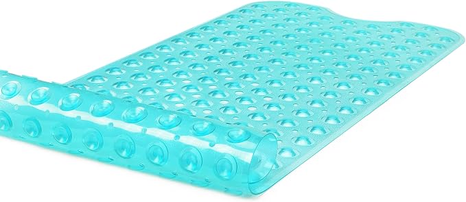 Extra-Long Non-Slip Bathtub & Shower Mat 39”x16” (Smooth/Non-Textured Tubs Only) Safe, Clean, Machine-Washable, Superior Grip&Drainage, Vinyl, Transparent Turquoise (Green-Blue)