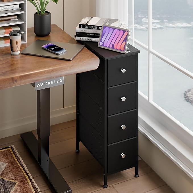 Fixwal Narrow Storage Cabinet, Small Dresser with 4 Drawers, Slim Fabric Dresser Storage for Small Spaces, Black Dresser Nightstand Side Table for Bedroom, Bathroom, Laundry, Closet, Dorm