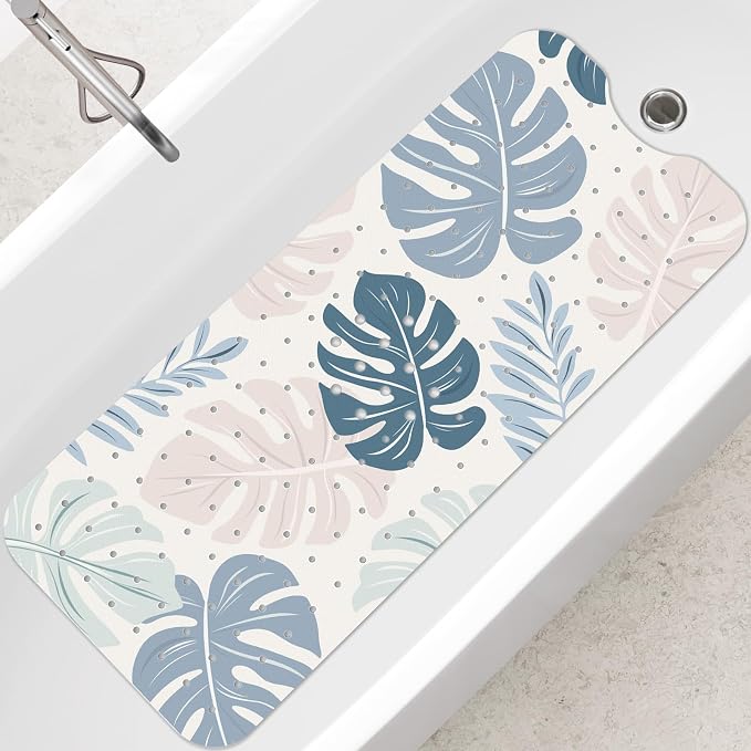 SHUCHING Blue Bath Mat for Tub Non Slip-40 X 16 Inch, Boho Leaf Non Slip Bathtub Mat for Elderly Mold Free, Long Shower Mat for Inside Shower, Machine Washable
