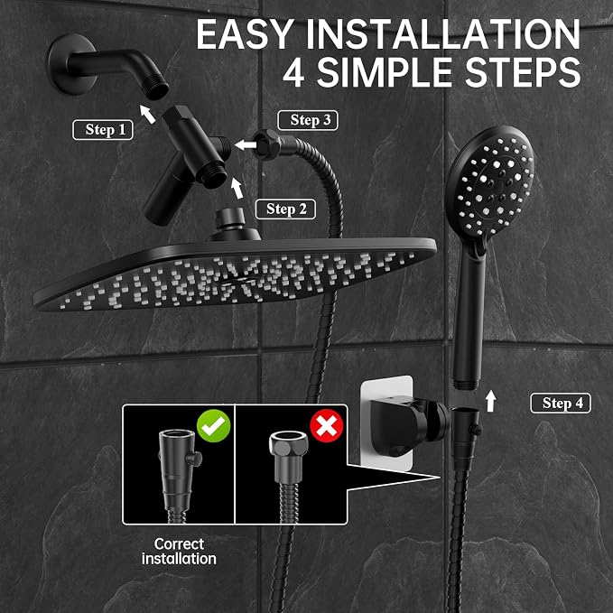 Veken 11.8 Inch Rectangle Rain Shower Head - Showerheads with 6 Modes Handheld Spray Combo - Wide Rainfall shower with 70" Hose - 1.8gpm Dual Showerhead with Anti-Clog Nozzles - Matte Black