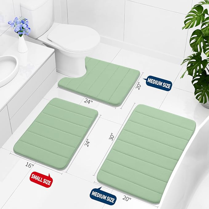 Buganda Memory Foam U-Shaped Contour Toilet Rugs, Non Slip Absorbent, Thick Soft Washable Bathroom Mat, Floor Carpet Bath Rugs Mat for Toilet Base (24" x 20", Sage Green)
