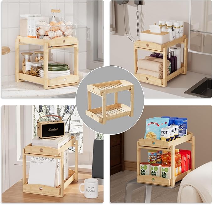APRTAT 2 Pack Under Sink Organizer, Bamboo Wooden 2-Tier Pull-Out Storage with Sliding Drawers for Kitchen and Bathroom Cabinets, Easy Installation (Natural)