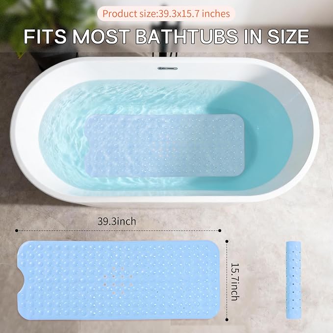 Anti-Slip Bathtub Shower mat, 40×16 inch（ 100 × 40cm） Soft Oversized Machine Washable Non-Slip Bathtub mat with Drainage Holes, Bathroom Floor Suction Cup.（1-Opaque Light Blue）