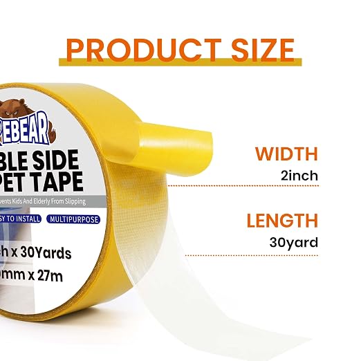TAPEBEAR Carpet Tape Double Sided 2Inch x 30Yards, Heavy Duty Rug Gripper Anti Slip Anti Curling Floor Tape Residue-Free, Two Sided, Removable, Waterproof for Area Rugs, Mats, Strong Hold for Tile