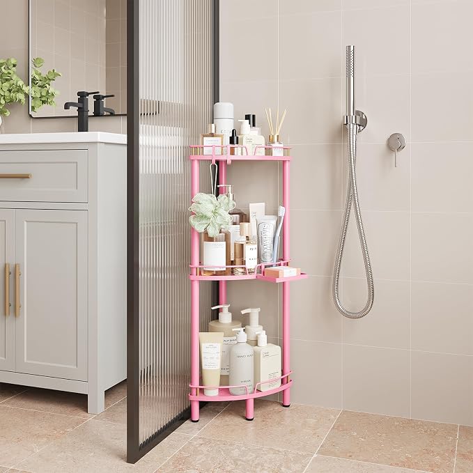 ELYKEN Corner Shower Caddy Standing, 3 Tier Rustproof Metal Shower Organizer with Soap Holder, Floor Shower Corner Shelf Rack Storage Stands with Adjustable Feet & 2 Hooks for Bathroom, Pink