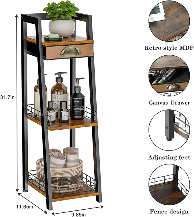 keomaisyto 3-Tier Narrow Bathroom Shelves with Drawer, Bathroom Organizers and Storage, Open Floor Ladder Shelf, Freestanding Tower Slim Standing Unit for Small Spaces - Rustic Brown