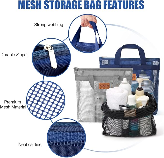 3 Pcs Portable Mesh Shower Caddy Tote, Quick Dry Tote Bag Mesh Beach Bags for Women, Hanging Toiletry and Bath Organizer for Travel Swimming Sports Gym Camp Shopping College Dorms (Black Gray D Blue)