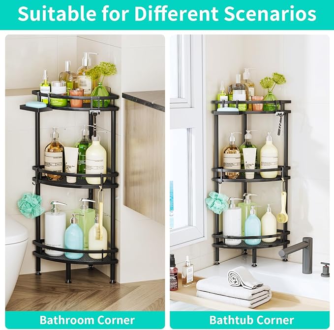 HapiRm Standing Corner Shower Caddy - 3 Tier Shower Organizer Corner with Soap Holder and 4 Hooks, Rustproof Bathroom Storage Shelves with Adhesives, Black