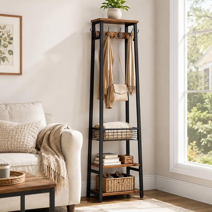 Coat Rack Freestanding, Coat Stand with Metal Basket and Storage Shelves, Hall Tree Free Standing with and 7 Hooks, Clothes Rack Stand Organizer, Rustic Brown and Black