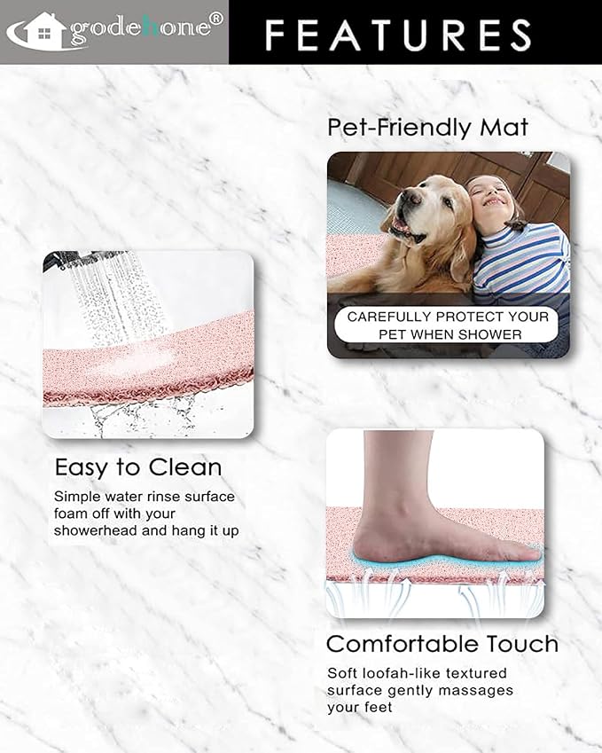 godehone Shower Mats Non Slip Without Suction Cups, PVC Loofah Bathroom Mats, Loofah Mats for Shower and Bathroom, Quick Drying, 15.7× 36 Inch, Pink