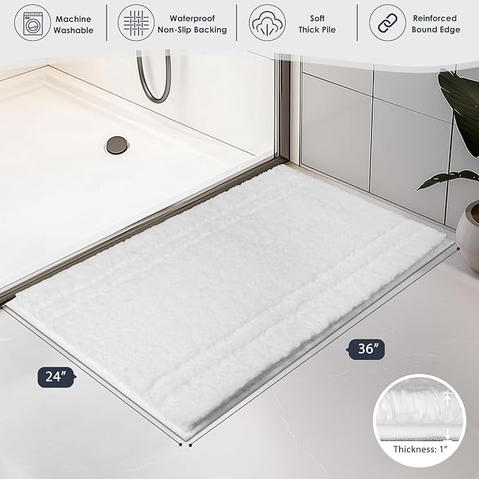 PURRUGS Bathroom Rug Non-Slip Machine Washable 24" x 36", Super Absorbent and Quick Dry Shaggy Microfiber Bath Mat, Extra Soft and Plush Bath Rug for Bathtub, Shower, and Sink, White