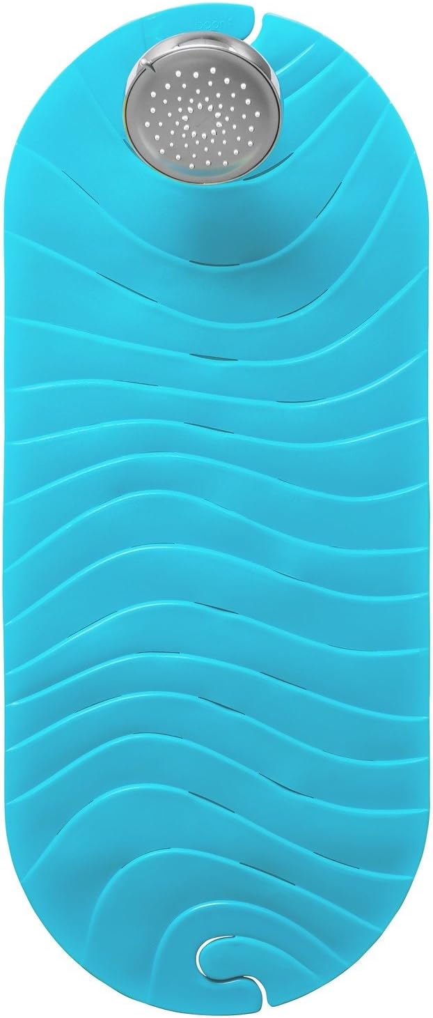 Boon B11192 RIPPLE Textured Non Slip Baby Bath Tub Mat with Hanging Hook and Drain Holes, Blue