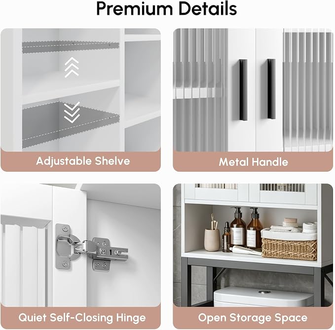 USHOWER Over The Toilet Storage Cabinet, Bathroom Organizer with Tempered Glass Doors, Thicken Metal Stand & MDF Wood, Freestanding Space Saver, White