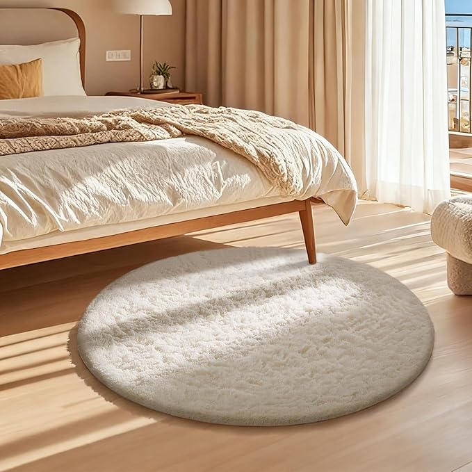 Ophanie Round Rug Ivory Circle Area Rug, Fluffy Fuzzy Bedroom Carpet, Plush Soft Shaggy Indoor Floor Cream Living Room 2Ft Rugs for Kids Home Decor Aesthetic, Nursery