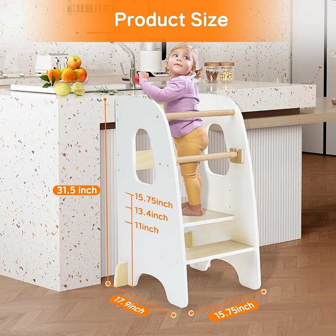 Ezebaby Toddler Standing Tower, 3-Adjustable Height Toddler Kitchen Step Stool, Kids Helper Stool for Learning New Skills-White